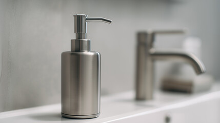 Obraz premium Metal soap dispenser on a modern bathroom sink with blurred faucet in the background. 
