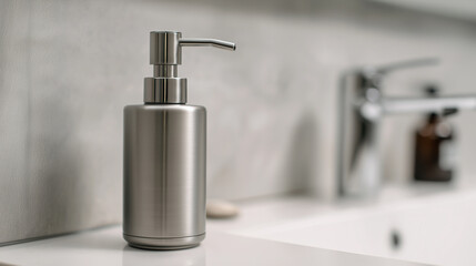 Obraz premium Metal soap dispenser on a modern bathroom sink with blurred faucet in the background. 