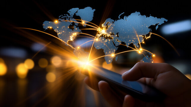 Hand holding smartphone with glowing global network map overlay symbolizing worldwide connectivity and data exchange.
