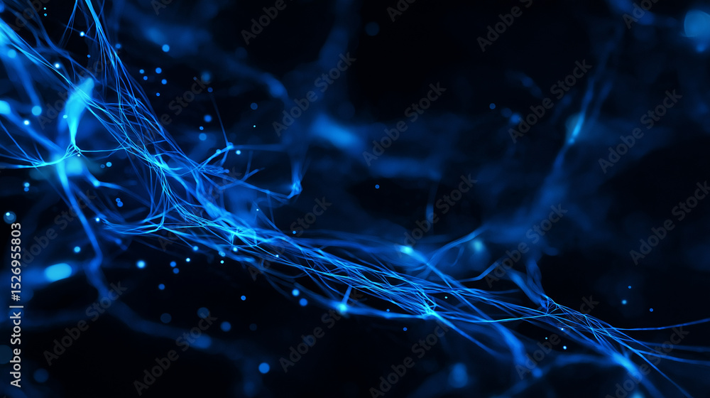 Poster abstract visualization of neural network or electrical impulses in glowing blue lines on a dark back