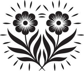 Symmetrical floral design with stylized flowers and leaves.