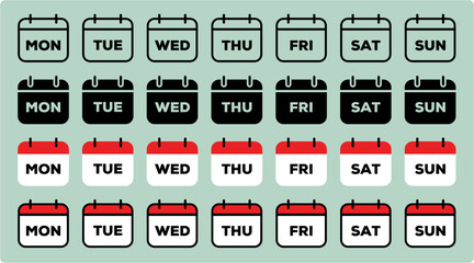 Calendar, days of the week. Set every day a week . Vector icon. Outline, Solid, Flat, Outline Filled