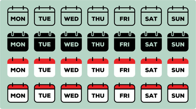 Calendar, days of the week. Set every day a week . Vector icon. Outline, Solid, Flat, Outline Filled