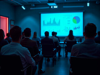 Audience attending a professional meeting with charts and analytics displayed