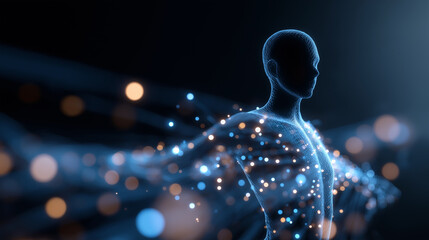 Abstract digital human figure made of glowing particles, symbolizing data flow and technology integration.
