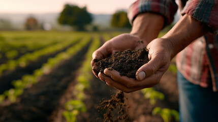 Farmer holding rich, dark soil in hands over a cultivated field at sunrise, symbolizing agriculture and sustainability.
