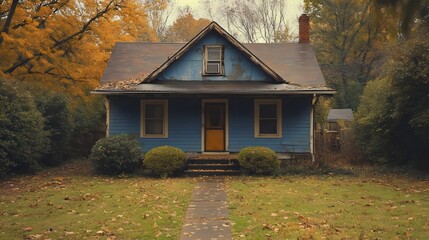 A charming, old blue house nestled among the colorful autumn trees and foliage.