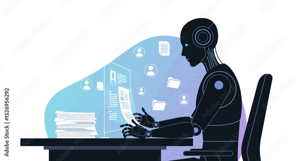 Poster robot worker processing data and documents automated task management with artificial intelligence fo