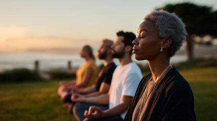 Group of diverse people meditating together at sunset in nature.
