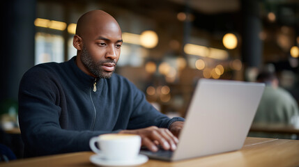 Focused man working on a laptop in a cozy coffee shop.
