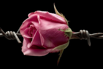 a rose with one barbed wire curl beautifully twirled around it, on dark background