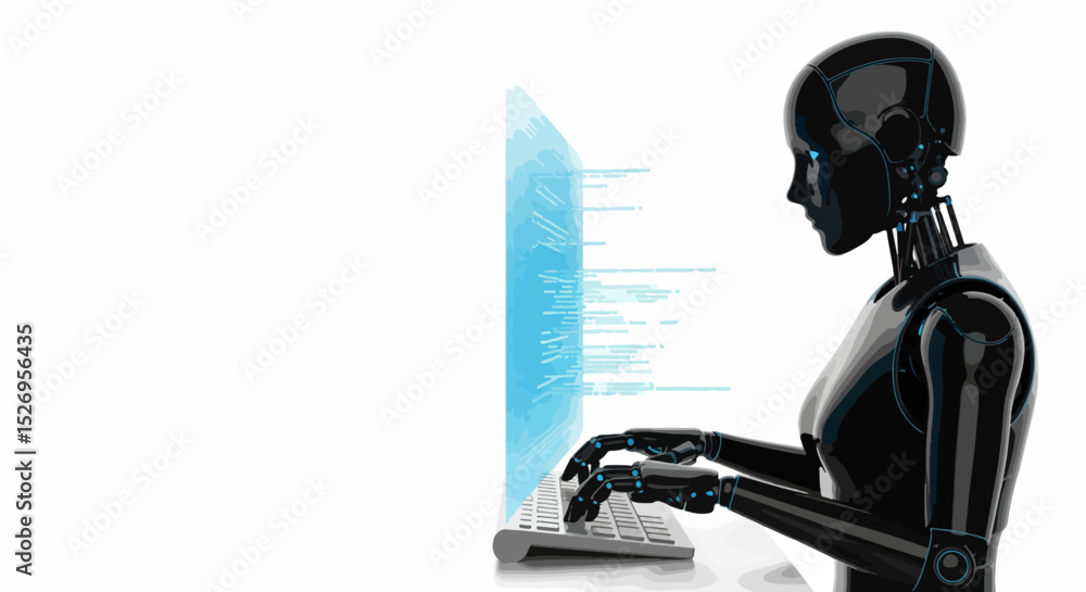 Poster futuristic robot typing on keyboard with blue code display artificial intelligence and technology co