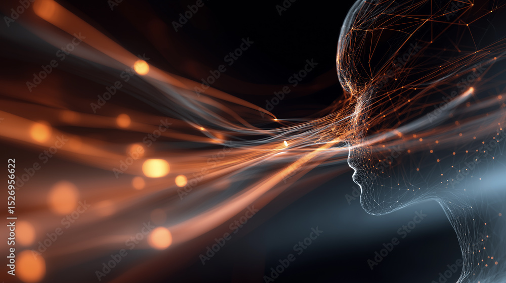 Poster abstract representation of artificial intelligence visualized as a digital human head with glowing n