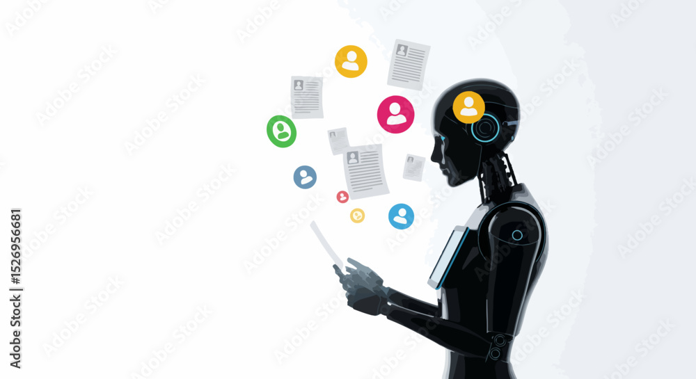 Poster ai recruitment and candidate selection robot reviewing resumes and profiles for human resources and 