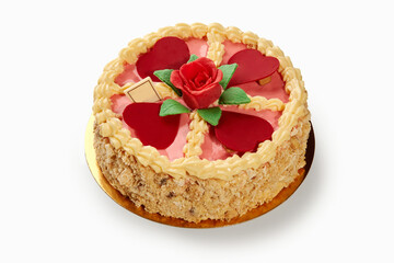 Delicious cake decorated with hearts and rose for valentine's day