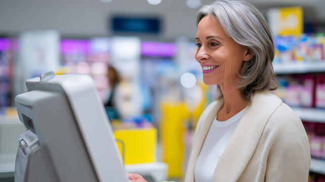 A smiling senior woman with grey hair uses a self-checkout machine in a modern supermarket.