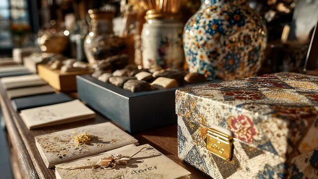 Elegant Display of Handmade Stationery, Chocolates, and Decorative Boxes on a Wooden Table, Featuring Floral Vases and Artistic Details