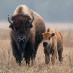 Fototapeta premium A bison and her cub standing side-by-side in a grassy field, demonstrating a tender, protective bond. The adult bison's presence creates a sense of safety.