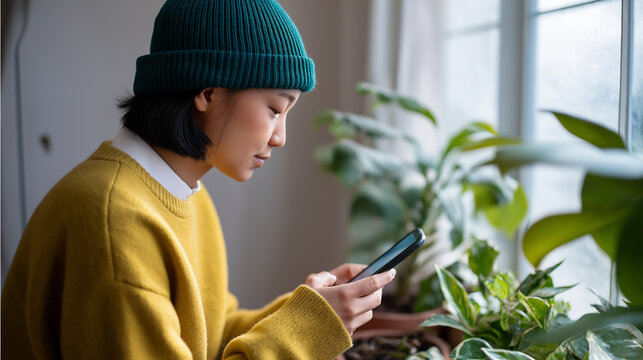 A smiling African American woman is happily using her smartphone in a bright room filled with green plants.
