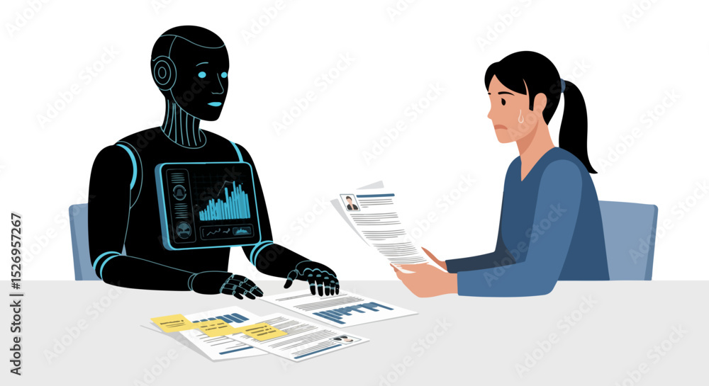 Poster robot interviewer evaluating a candidate s resume representing automation and job displacement with 