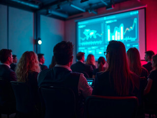 Audience attending a professional meeting with charts and analytics displayed