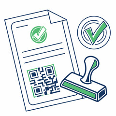 Icon of a software license agreement with QR validation and digital stamp