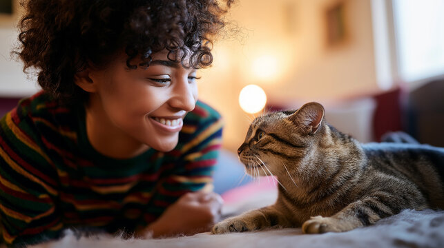 A smiling young woman with curly hair looks fondly at a tabby cat lying on a rug, showcasing a loving pet owner bond.
