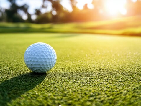 Close-up of a white dimpled golf ball resting on a vibrant green putting green with blurred trees and foliage in the background under warm sunlight, highlighting textures, contrast and