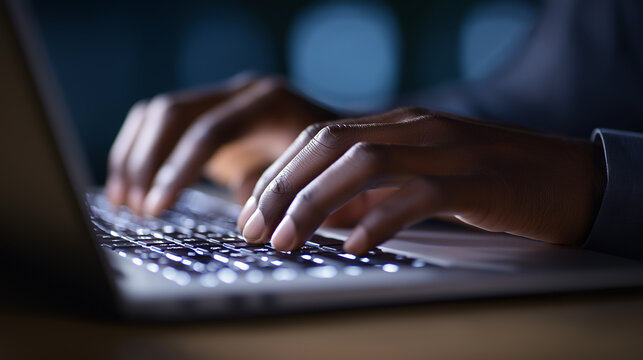 Close-up of African American hands typing on a laptop keyboard in a dimly lit environment.
 - Powered by Adobe