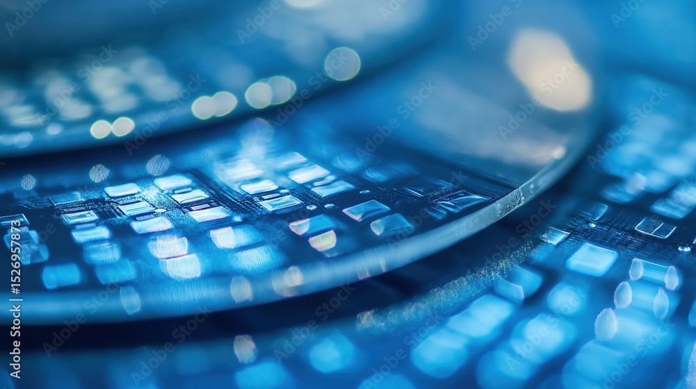 Poster Close-up of electronic microchip on a luminous circuit board with detailed connections