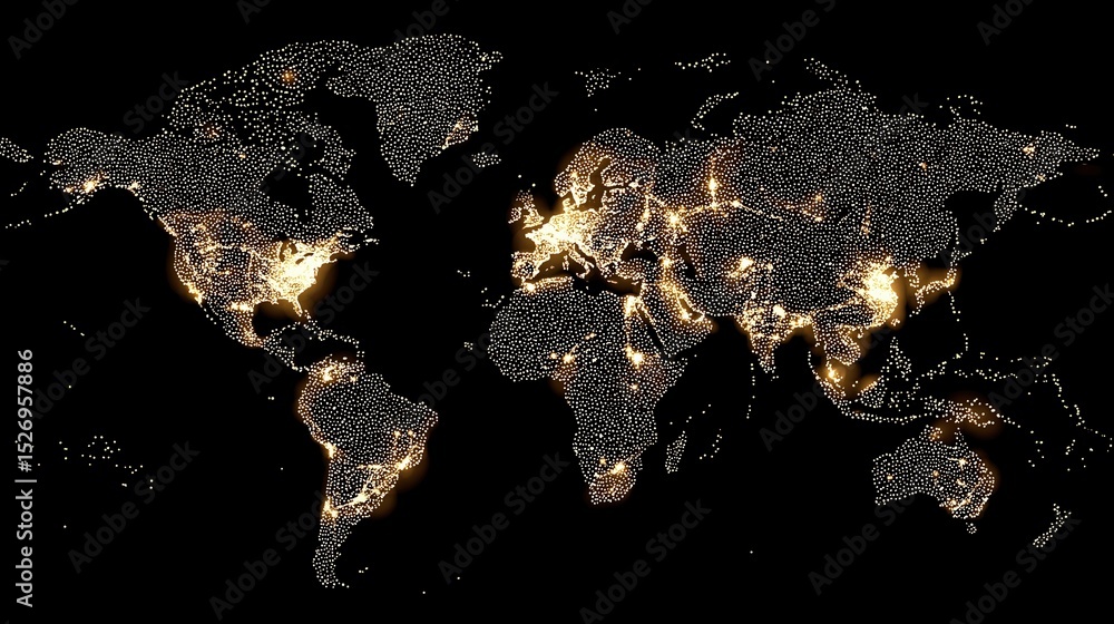 Poster glowing world map showing global digital network connections