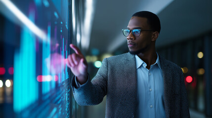 Businessman using a futuristic touch screen interface to analyze financial data in a modern office.
