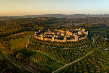 Beautiful autumn countryside with old town Monteriggioni, Tuscany, Italy