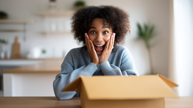 Excited young woman opening a cardboard box with a surprised expression at home.
