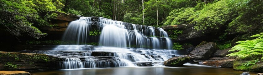 Obraz premium Serene natural landscape featuring a silky long-exposure multi-tiered waterfall cascading over moss-covered rocks into a tranquil pool, lush green forest background with soft diffused