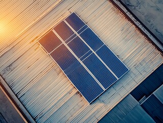 Solar Panels on Corrugated Metal Roof in Industrial Setting with Sunlight, Aerial View of Renewable Energy Array, Modern Solar Technology on Urban Roofscape for Sustainable Building