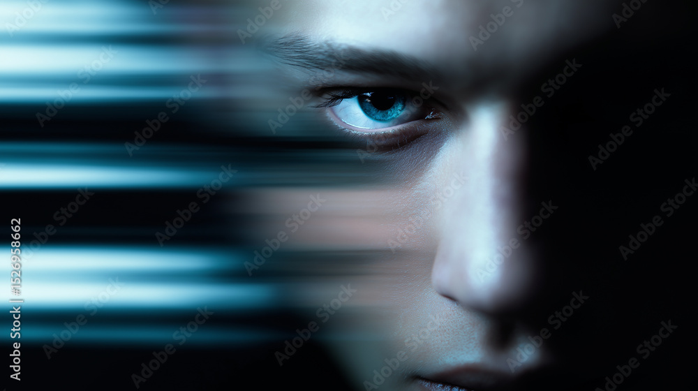Poster close-up of a man's face with motion blur light streaks creating a futuristic effect.