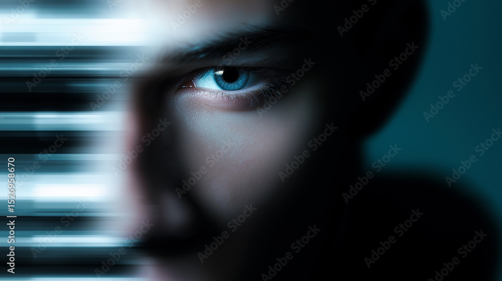 Poster close-up of a man's face with motion blur light streaks creating a futuristic effect.