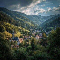 Fototapeta premium A stunning village nestled in a valley surrounded by lush green hills, under a dramatic cloudy sky. The scene evokes a sense of tranquility and natural beauty