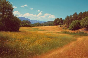 Obraz premium Yellow field with trees and mountains under a blue sky with scattered clouds