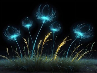 Ethereal Glowing Dandelion‑Like Flowers with Blue–Teal Radiance, Gentle Grass Highlights on Black — Kirlian Electrography Style Dreamscape of Light and Hope