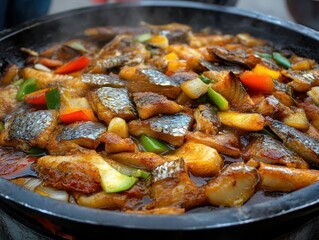 Spicy, savory fish stew, steaming hot, cooked with colorful veggies, in a dark pan.