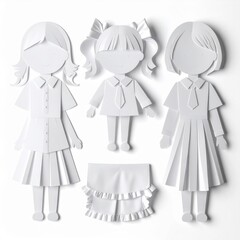 Paper Dolls: White School Uniforms on White Background