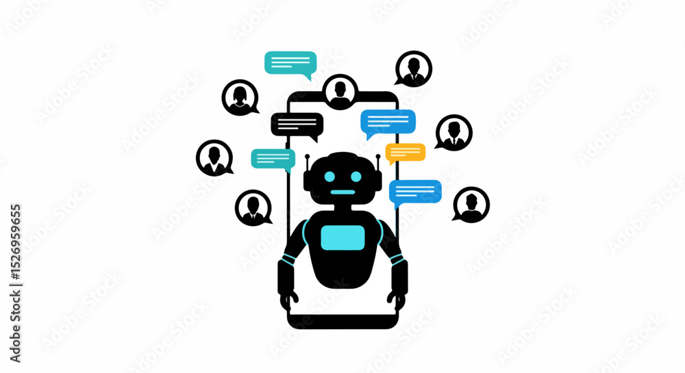 Poster ai chatbot on mobile phone with user avatars and speech bubbles representing customer service and au