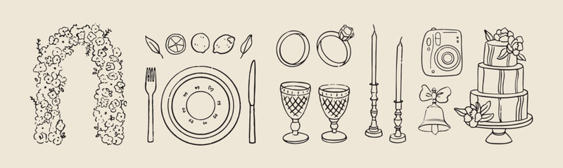 Vector hand drawn trendy summer wedding floral arch, dinner, cake, glasses outline illustration. Elegant flat minimalist hand drawn modern art for wedding invitations, menu, graphics and design
