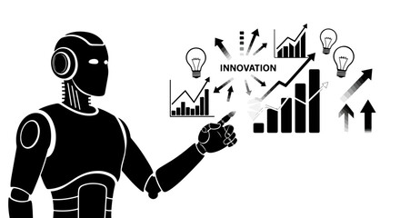 Robot Pointing at Innovation Concept with Charts Arrows and Light Bulbs on a White Background Representing Technological Advancement and Creative Solutions
