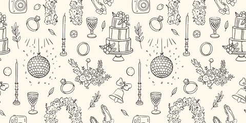 Vector hand drawn trendy summer wedding floral arch, vase, cake, disco ball outline illustration. Elegant flat minimalist modern seamless pattern for wedding invitations, menu, graphics and design