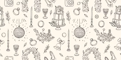 Vector hand drawn trendy summer wedding floral arch, vase, cake, disco ball outline illustration. Elegant flat minimalist modern seamless pattern for wedding invitations, menu, graphics and design © Salnikova Studio