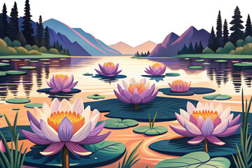 Vector illustration of a quiet lake with floating lotus flowers perfect for tranquil nature scenes, meditation visuals, and peaceful botanical compositions
