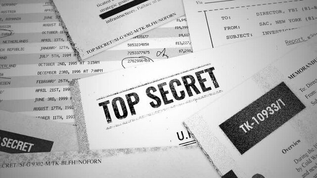 Pull out from Top Secret stamp on report to various classified looking documents. Pile of sensitive information censored redacted government agency memos and files. Leak or exposed by spy or insider